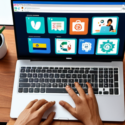 Home 11 ** A freelancer working on a laptop, surrounded by icons representing Latin American tech companies and content marketing. Focus on bright, modern design. *Prompt: Freelancer working on laptop. Icons of LATAM tech companies. Content marketing symbols. Bright, modern workspace.*
**