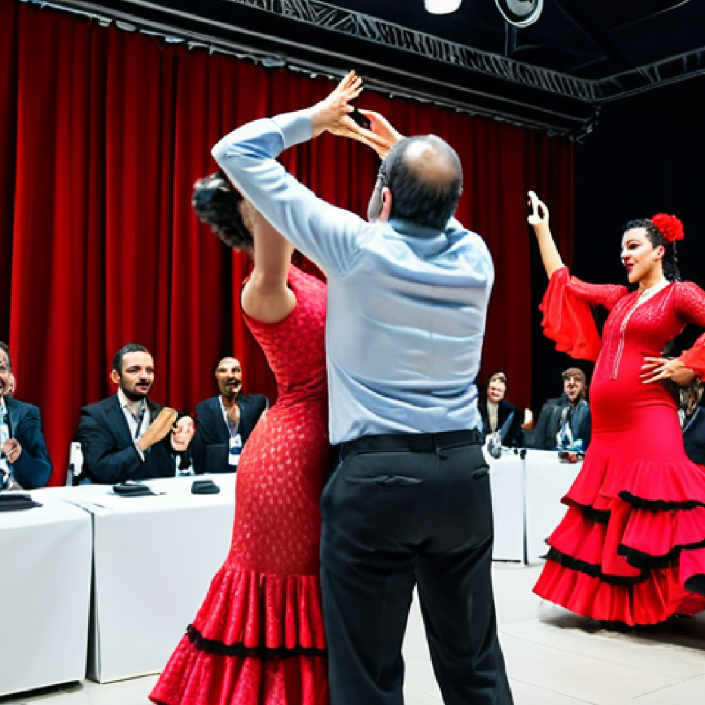 **

A vibrant flamenco performance in a modern conference hall. Attendees from diverse backgrounds are captivated, some using a mobile event app to share photos. The atmosphere is energetic and showcases a blend of traditional Spanish culture with a contemporary business setting. Focus on capturing the passion of the dancers and the engaged audience.

**