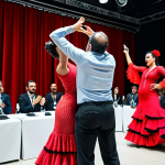 **

A vibrant flamenco performance in a modern conference hall. Attendees from diverse backgrounds are captivated, some using a mobile event app to share photos. The atmosphere is energetic and showcases a blend of traditional Spanish culture with a contemporary business setting. Focus on capturing the passion of the dancers and the engaged audience.

**