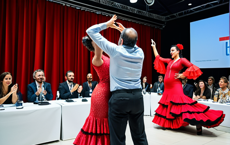 **
A vibrant flamenco performance in a modern conference hall. Attendees from diverse backgrounds are captivated, some using a mobile event app to share photos. The atmosphere is energetic and showcases a blend of traditional Spanish culture with a contemporary business setting. Focus on capturing the passion of the dancers and the engaged audience.
**