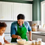 해외마케팅 분야 공모전 참여 팁 - A joyful family of four, two parents and two young children, baking cookies in a brightly lit, moder...