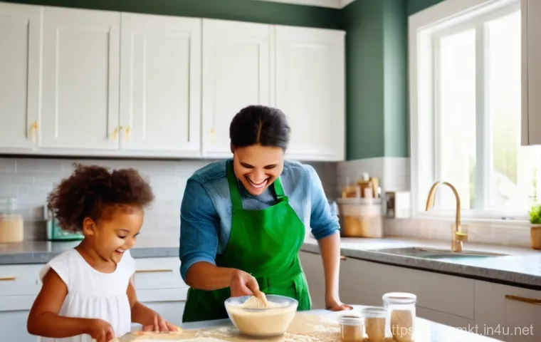 해외마케팅 분야 공모전 참여 팁 - A joyful family of four, two parents and two young children, baking cookies in a brightly lit, moder...