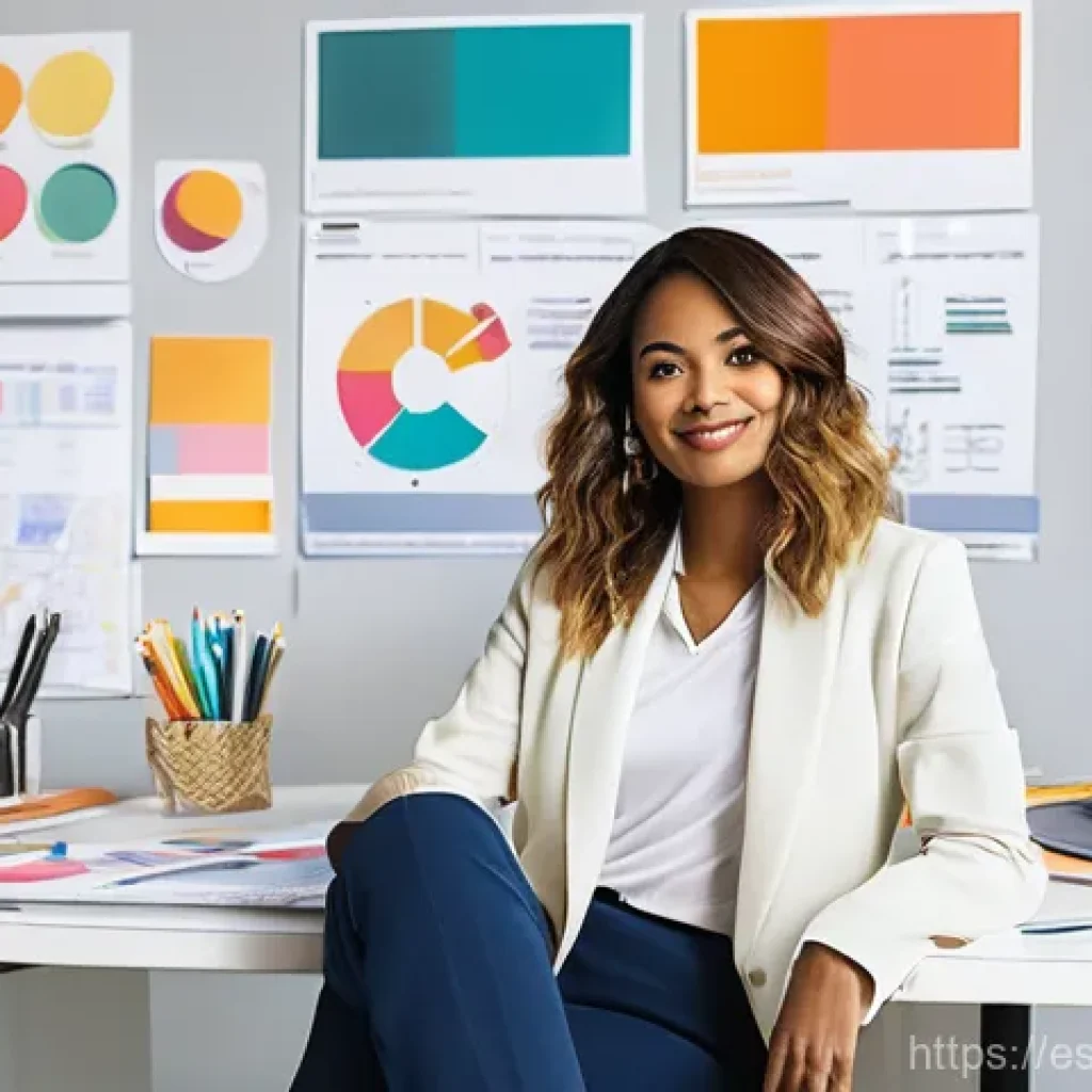 해외마케팅 업계 연봉 동향 - **Prompt:** A dynamic, diverse female digital marketer in her late 20s to early 30s, sitting at a sl...