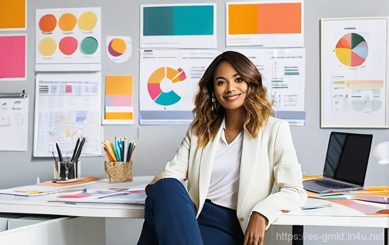 해외마케팅 업계 연봉 동향 - **Prompt:** A dynamic, diverse female digital marketer in her late 20s to early 30s, sitting at a sl...