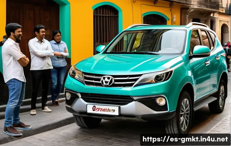 해외마케팅에서의 크로스컬처 커뮤니케이션 - A brand new, sleek, modern car, perhaps a compact SUV, prominently displayed in a lively city square...