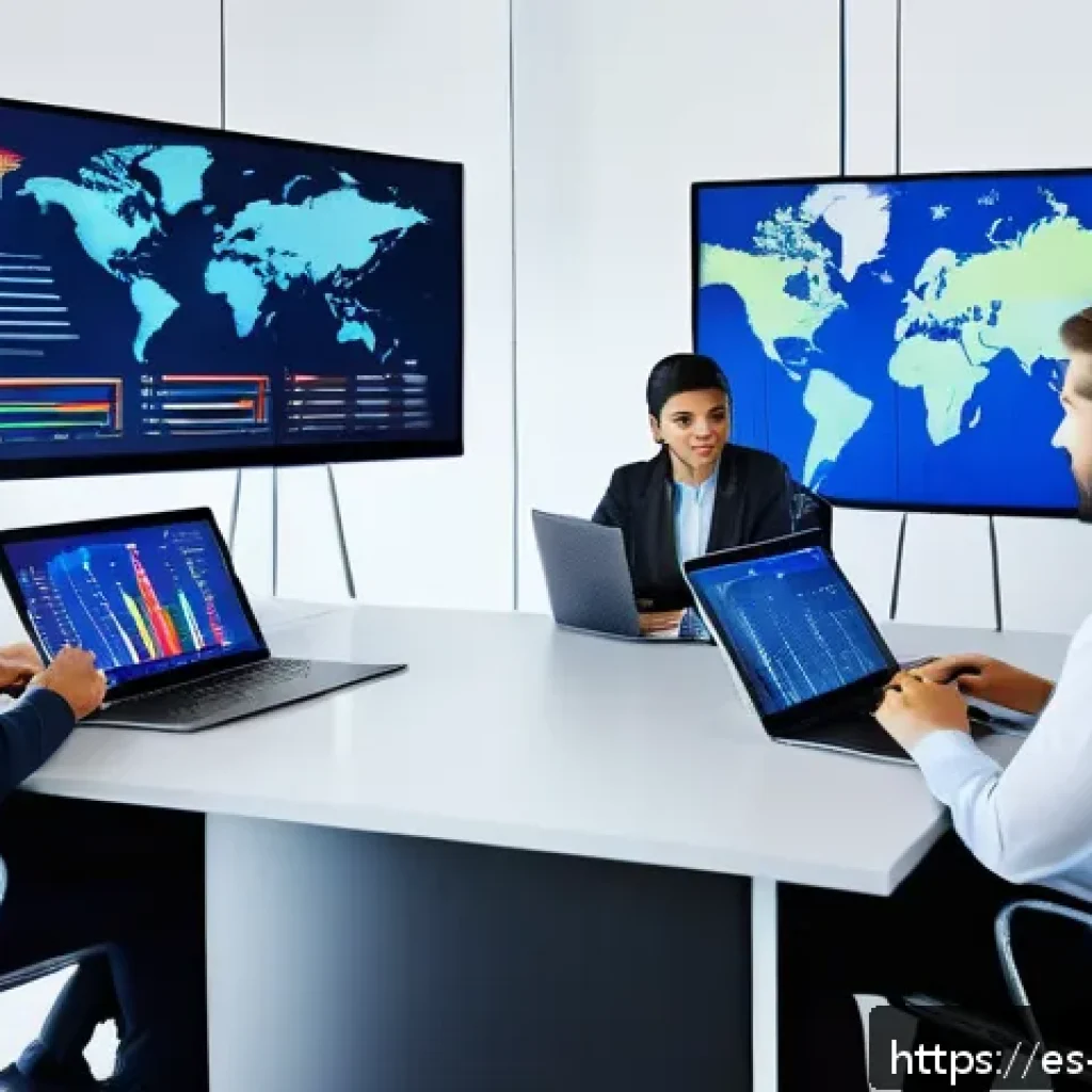해외마케팅 시장 조사 방법론 - A modern international business meeting scene showing diverse professionals analyzing global market ...