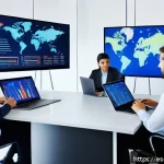Home 19 해외마케팅 시장 조사 방법론 - A modern international business meeting scene showing diverse professionals analyzing global market ...