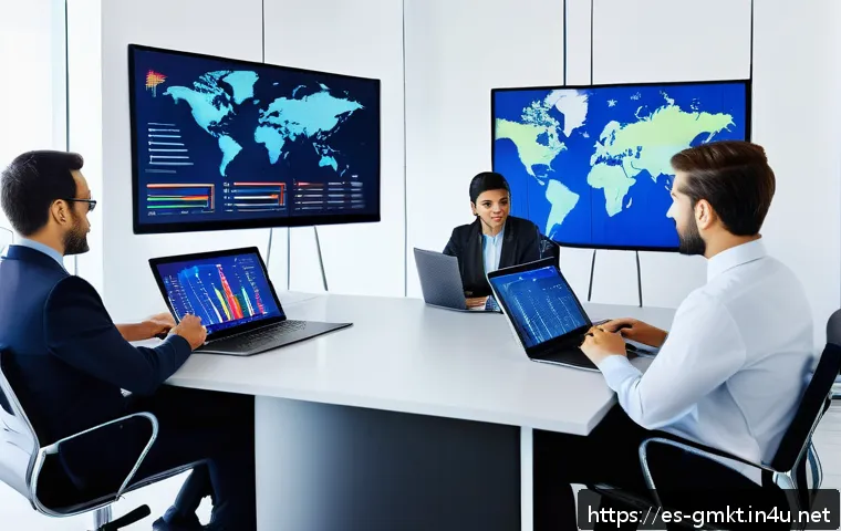해외마케팅 시장 조사 방법론 - A modern international business meeting scene showing diverse professionals analyzing global market ...