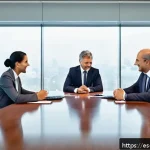 Home 18 해외마케팅 계약 협상 팁 - A professional international business negotiation scene in a modern conference room, featuring diver...