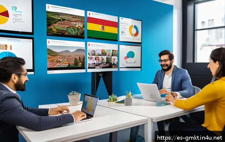 해외마케팅 트렌드 팔로우 방법 - A diverse marketing team in a modern office setting collaborating on an international campaign targe...