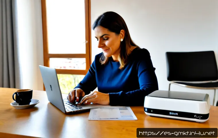 해외마케팅 이벤트 참여 후기 - Photorealistic Spanish-speaking small business owner in her 40s reviewing an international marketing...